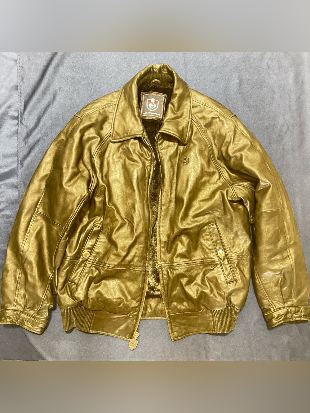 Phat Farm Men's Black Leather Bomber Jacket Lined Zip/Button Spread Collar